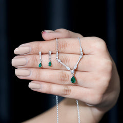 Lab Created Emerald and Moissanite Bridal Necklace Earrings Set