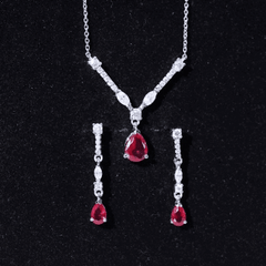 Lab Created Ruby and Moissanite Teardrop Necklace Earrings Set