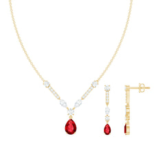 Lab Created Ruby and Moissanite Teardrop Necklace Earrings Set
