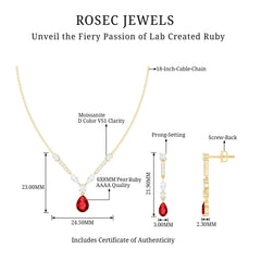 Lab Created Ruby and Moissanite Teardrop Necklace Earrings Set
