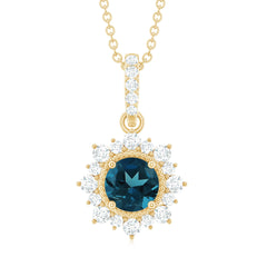 Round London Blue Topaz Halo Pendant with Diamond and Beaded Details