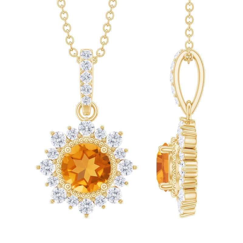 Natural 1.2 Carat Citrine Pendant Necklace with Diamond Halo