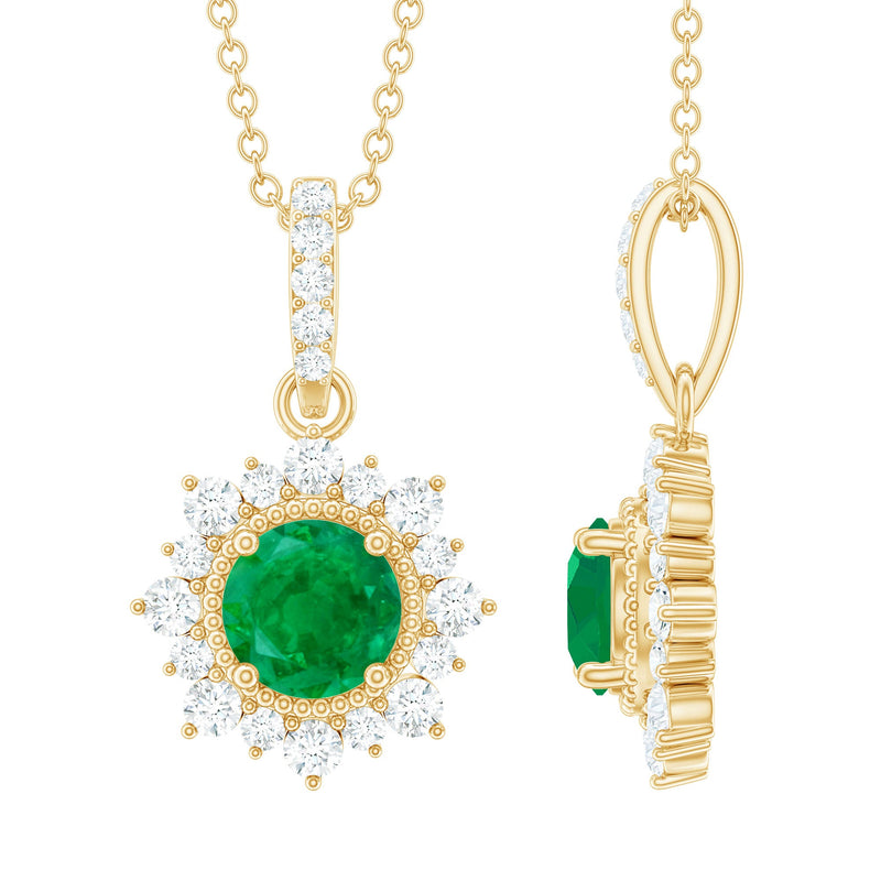 Natural Half Carat Emerald Flower Necklace with Diamond Halo