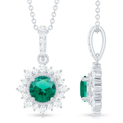 Round Created Emerald Halo Pendant with Diamond Accent Bail