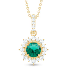 Round Created Emerald Halo Pendant with Diamond Accent Bail