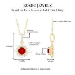 Round Created Ruby Halo Pendant with Diamond Accent Bail