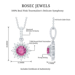 Natural 1.2 Carat Round Pink Tourmaline and Diamond Halo Pendant
