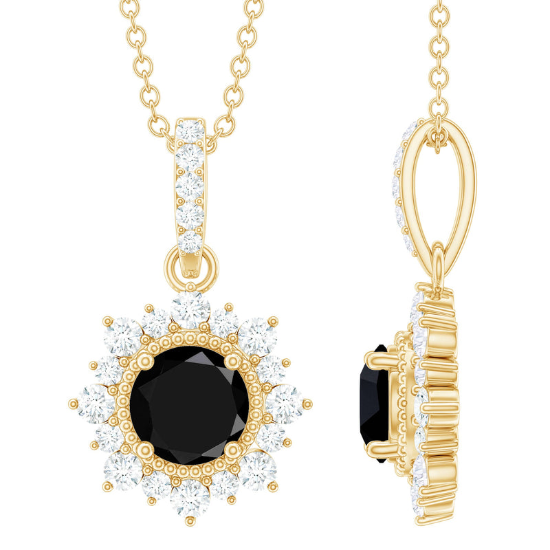 Natural 2 Carat Black Onyx Pendant Necklace with Diamond Halo