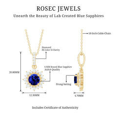 1 Carat Round Lab Grown Blue Sapphire Halo Necklace with Diamond