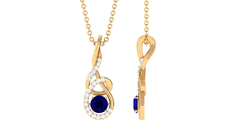 Real 1 Carat Blue Sapphire Twisted Pendant Necklace with Diamond