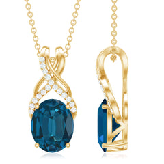 Oval London Blue Topaz Solitaire Pendant with Diamond Twisted Bail