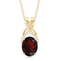 3.6 Carat Oval Shape Garnet Solitaire Twisted Bail Pendant Necklace with Diamond