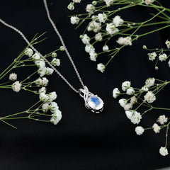 Real 0.6 Carat Oval Shape Moonstone Necklace with Diamond Twisted Bail