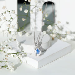 Real 0.6 Carat Oval Shape Moonstone Necklace with Diamond Twisted Bail