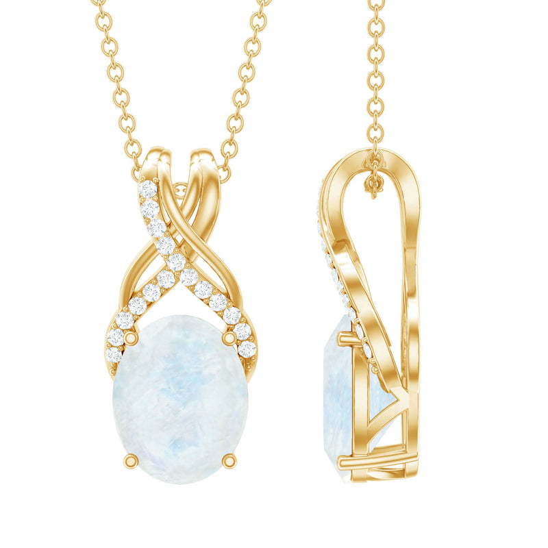 Real 0.6 Carat Oval Shape Moonstone Necklace with Diamond Twisted Bail