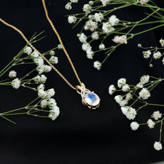 Real 0.6 Carat Oval Shape Moonstone Necklace with Diamond Twisted Bail