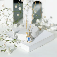 Real 0.6 Carat Oval Shape Moonstone Necklace with Diamond Twisted Bail
