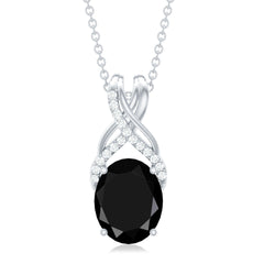 Natural 2.5 Carat Oval Black Onyx Pendant Necklace with Diamond