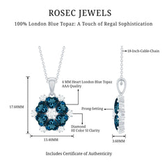 Heart Shape London Blue Topaz and Diamond Flower Pendant