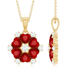 3 CT Heart Shape Created Ruby and Diamond Flower Pendant
