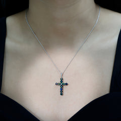 Natural Black Opal Cross Pendant Necklace in Silver