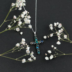 Natural Black Opal Cross Pendant Necklace in Silver