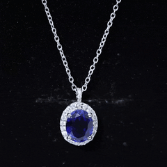 Certified 4 Carat Oval Lab Grown Blue Sapphire Bridal Necklace with Silver Chain