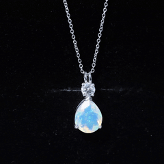 8X10MM Pear Shaped Rainbow Opal Teardrop Necklace with Moissanite