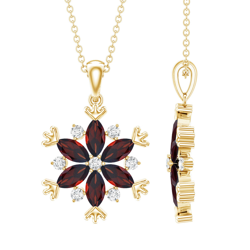 Real Garnet Flower Pendant Necklace in Yellow Gold Plated Silver