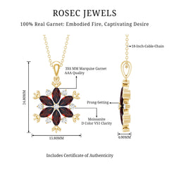 Real Garnet Flower Pendant Necklace in Yellow Gold Plated Silver