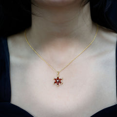 Real Garnet Flower Pendant Necklace in Yellow Gold Plated Silver