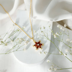 Real Garnet Flower Pendant Necklace in Yellow Gold Plated Silver
