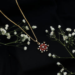 Real Garnet Flower Pendant Necklace in Yellow Gold Plated Silver
