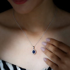 1.5 Carat Oval Shape Lab Grown Blue Sapphire Princess Diana Inspired Necklace