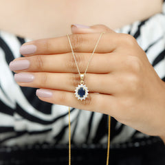 1.5 Carat Oval Shape Lab Grown Blue Sapphire Princess Diana Inspired Necklace