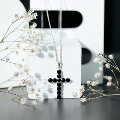 Natural Black Onyx Cross Pendant Necklace for Women
