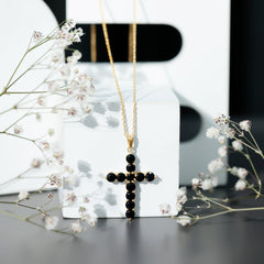 Natural Black Onyx Cross Pendant Necklace for Women