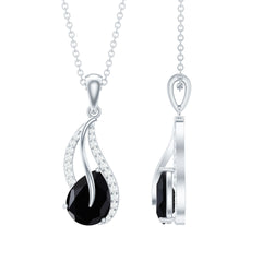 Pear Shaped Black Onyx and Diamond Leaf Pendant Necklace
