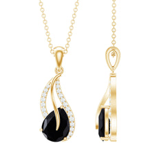 Pear Shaped Black Onyx and Diamond Leaf Pendant Necklace