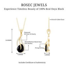 Pear Shaped Black Onyx and Diamond Leaf Pendant Necklace