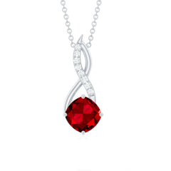 Cushion Cut Created Ruby Solitaire Infinity Pendant with Diamond