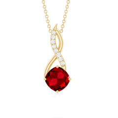 Cushion Cut Created Ruby Solitaire Infinity Pendant with Diamond
