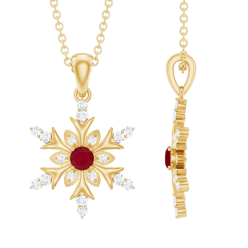 Natural Ruby and Diamond Snowflake Pendant Necklace