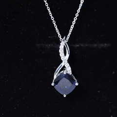 Cushion Cut Created Blue Sapphire Solitaire Infinity Pendant with Moissanite