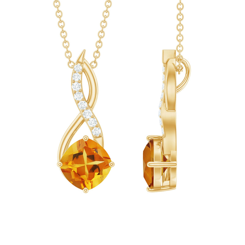 Natural 2.23 Carat Cushion Cut Citrine Infinity Pendant Necklace with Diamond