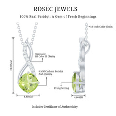 Cushion Cut Peridot Solitaire Infinity Pendant with Diamond