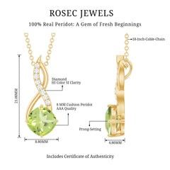 Cushion Cut Peridot Solitaire Infinity Pendant with Diamond