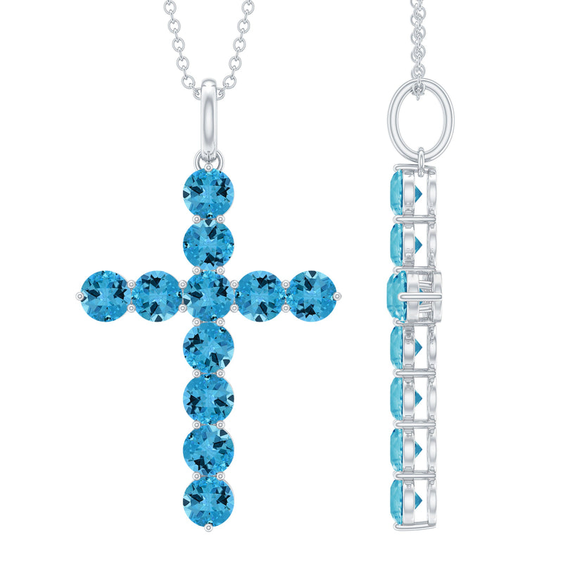 Natural Swiss Blue Topaz Cross Pendant Necklace with Silver Chain