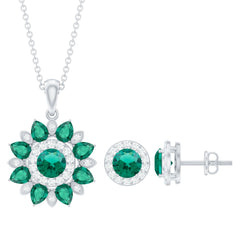 Lab Created Emerald and Moissanite Flower Jewelry Set