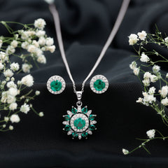 Lab Created Emerald and Moissanite Flower Jewelry Set